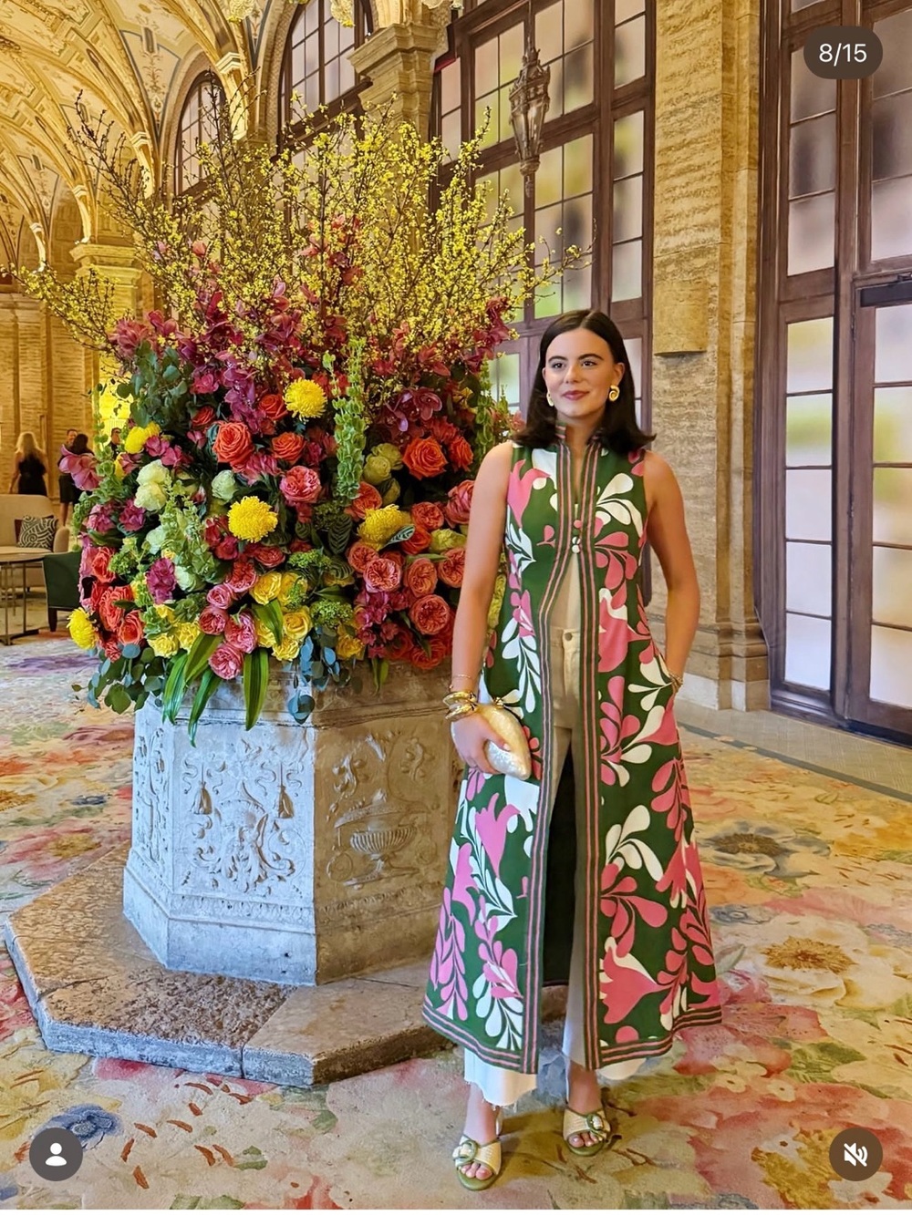 Frances Valentine Green and Pink Floral Long Sleeve Vest Dress